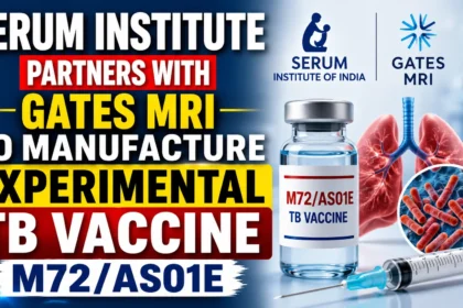 Serum Institute partners with Gates MRI to manufacture the experimental TB vaccine M72/AS01E, featuring vaccine vial, syringe, lungs, TB bacteria, and collaboration announcement.