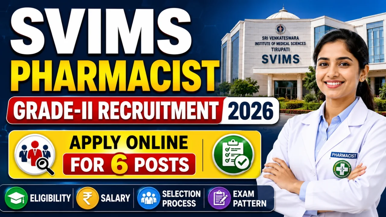SVIMS Pharmacist Grade-II Recruitment 2026 YouTube thumbnail featuring Apply Online for 6 Posts with Eligibility, Salary, Selection Process, and Exam Pattern.