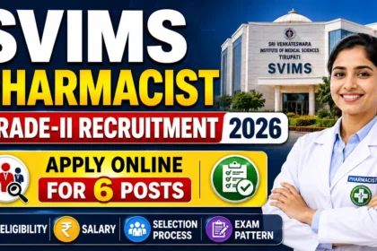SVIMS Pharmacist Grade-II Recruitment 2026 YouTube thumbnail featuring Apply Online for 6 Posts with Eligibility, Salary, Selection Process, and Exam Pattern.