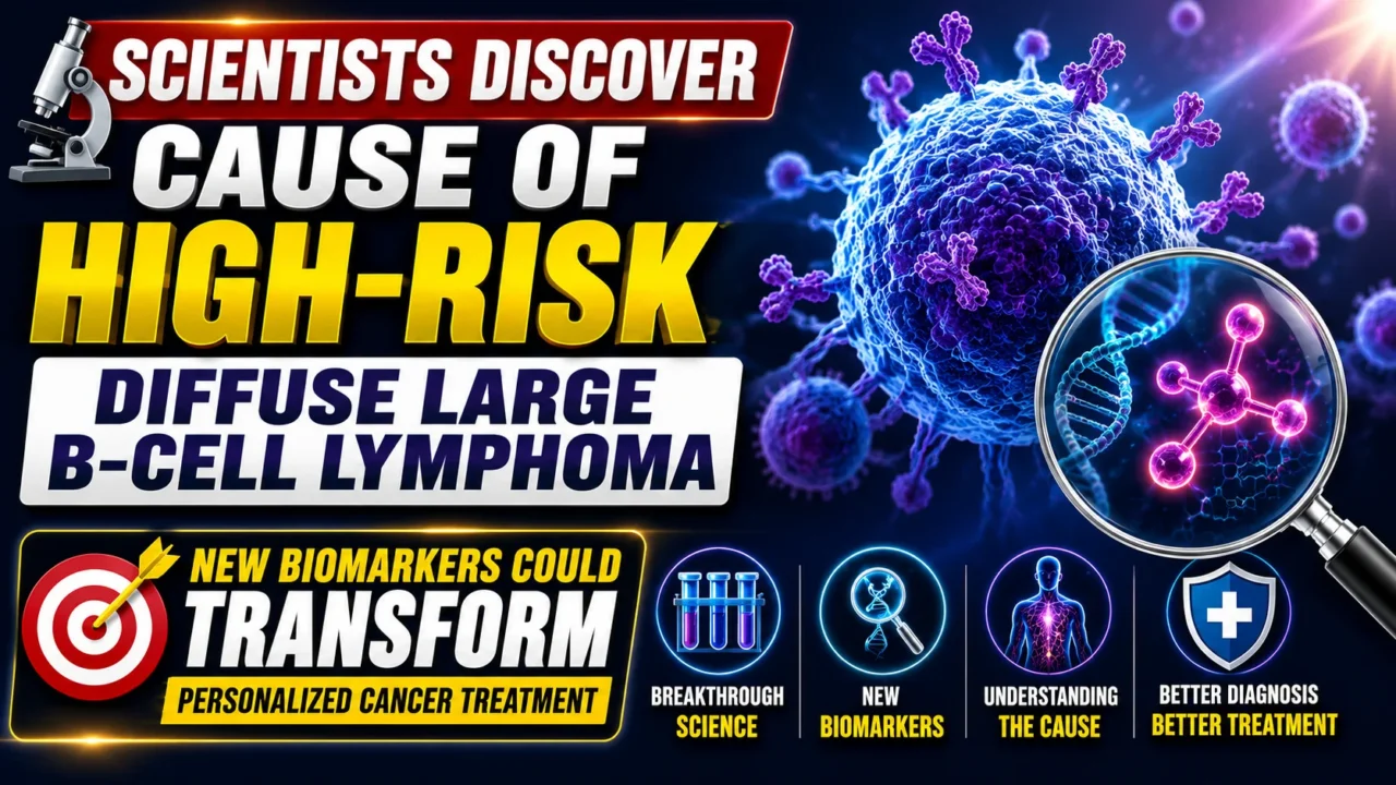 YouTube thumbnail showing a high-risk diffuse large B-cell lymphoma cancer cell, DNA strand, biomarker illustration, and bold text announcing a scientific breakthrough in personalized cancer treatment.