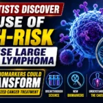 YouTube thumbnail showing a high-risk diffuse large B-cell lymphoma cancer cell, DNA strand, biomarker illustration, and bold text announcing a scientific breakthrough in personalized cancer treatment.