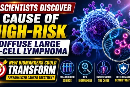 YouTube thumbnail showing a high-risk diffuse large B-cell lymphoma cancer cell, DNA strand, biomarker illustration, and bold text announcing a scientific breakthrough in personalized cancer treatment.