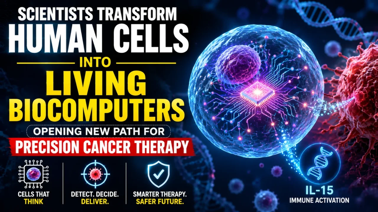 Illustration of a human cell transformed into a living biocomputer with digital circuitry, highlighting a breakthrough in programmable cell therapy for precision cancer treatment.