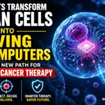 Illustration of a human cell transformed into a living biocomputer with digital circuitry, highlighting a breakthrough in programmable cell therapy for precision cancer treatment.