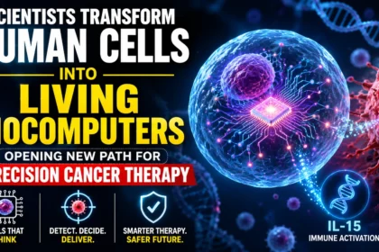 Illustration of a human cell transformed into a living biocomputer with digital circuitry, highlighting a breakthrough in programmable cell therapy for precision cancer treatment.