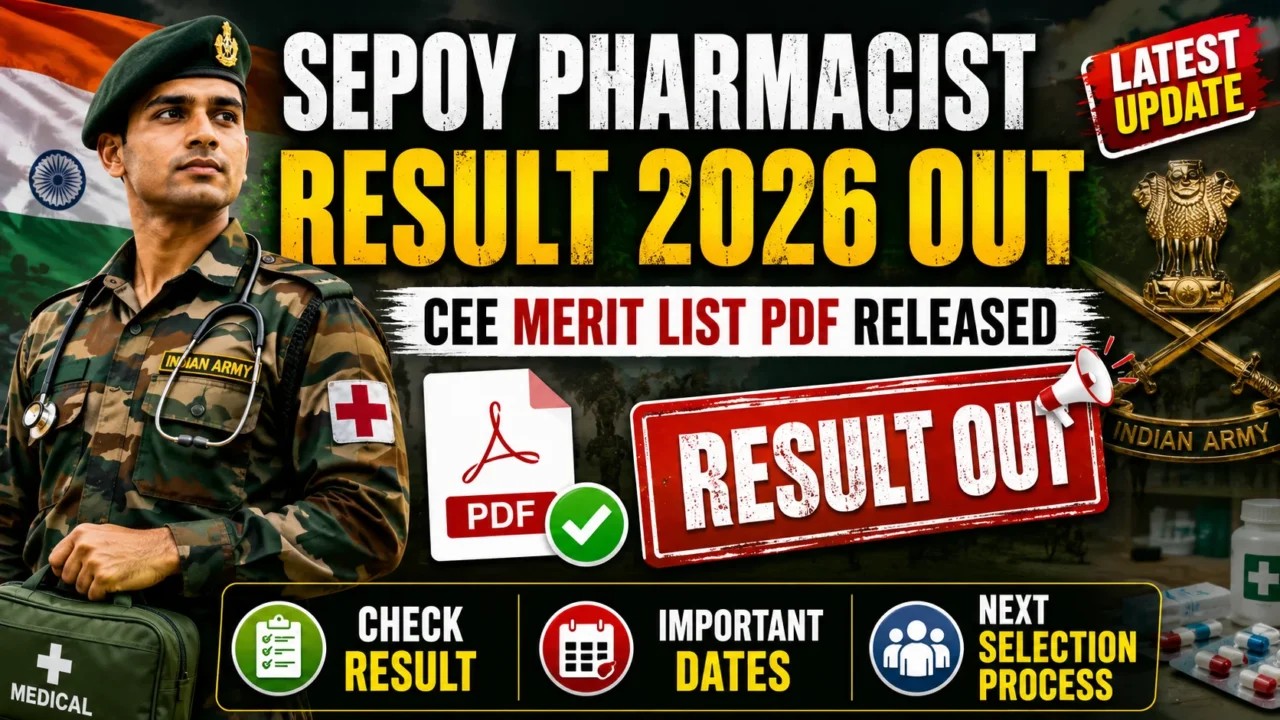Sepoy Pharmacist Result 2026 Out YouTube thumbnail featuring Indian Army CEE Merit List PDF, Result Out, Important Dates, and Next Selection Process.