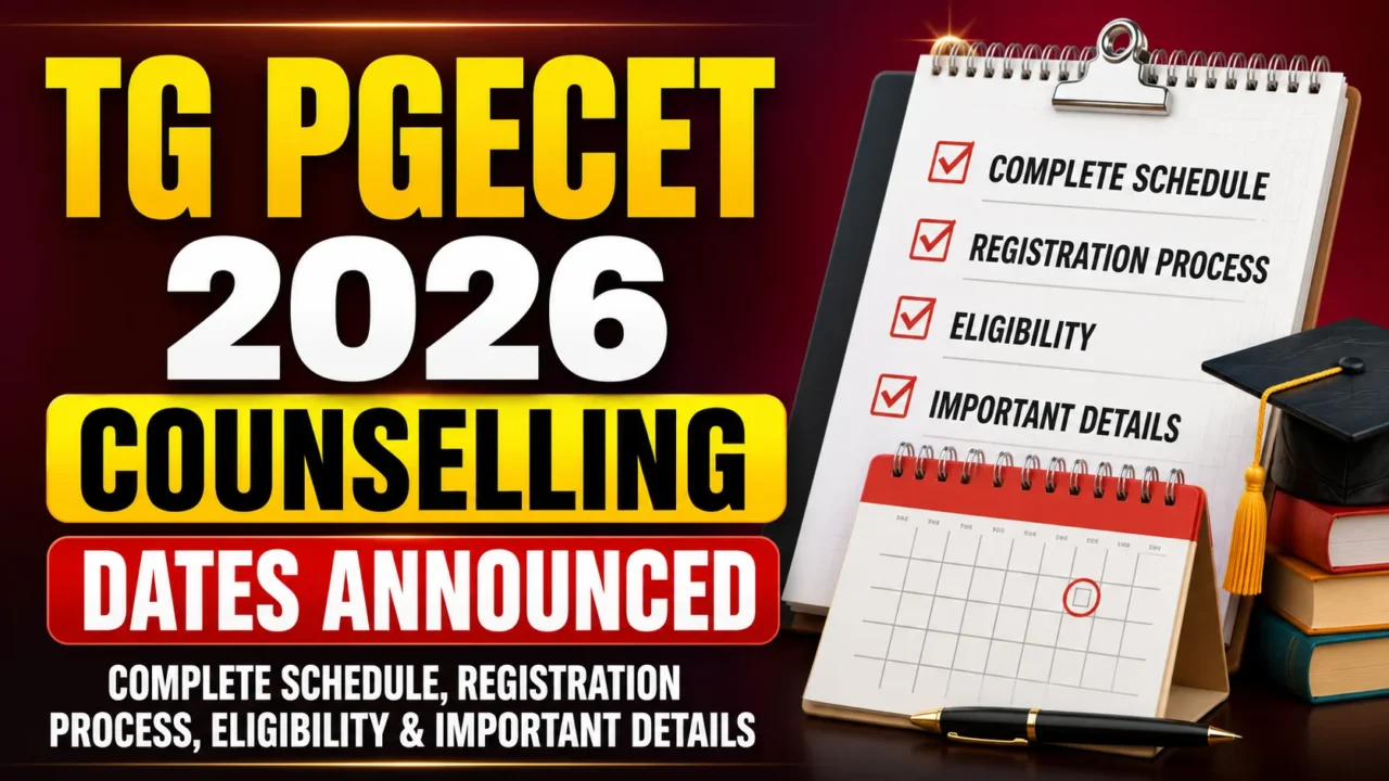 TG PGECET 2026 Counselling Dates Announced thumbnail with registration schedule, counselling checklist, calendar, graduation cap, and admission-related graphics.