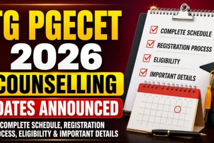 TG PGECET 2026 Counselling Dates Announced thumbnail with registration schedule, counselling checklist, calendar, graduation cap, and admission-related graphics.