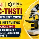 BRIC-THSTI Recruitment 2026 YouTube thumbnail featuring Project Associate and Senior Project Associate walk-in interviews with laboratory microscope, DNA strand, and biotechnology research equipment on a yellow gradient background.