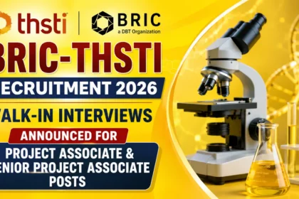 BRIC-THSTI Recruitment 2026 YouTube thumbnail featuring Project Associate and Senior Project Associate walk-in interviews with laboratory microscope, DNA strand, and biotechnology research equipment on a yellow gradient background.