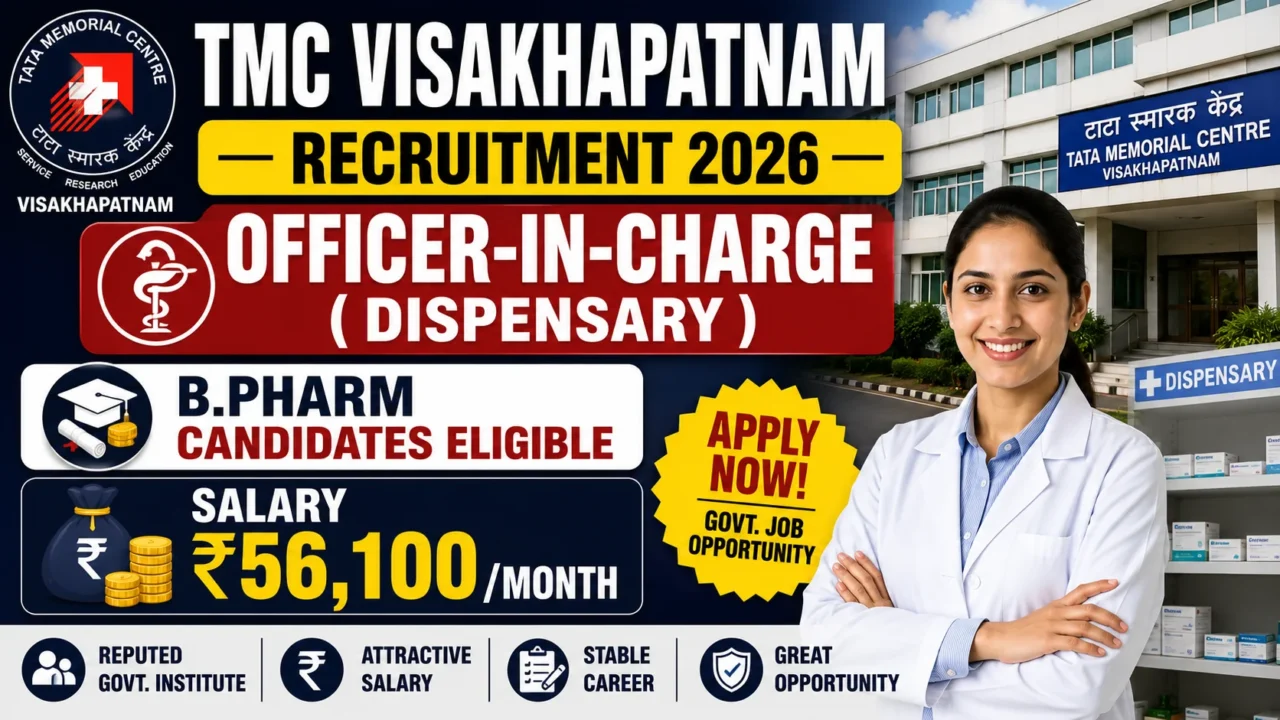 TMC Visakhapatnam Recruitment 2026 YouTube thumbnail featuring the Officer-in-Charge (Dispensary) post, B.Pharm eligibility, and salary of ₹56,100 per month.