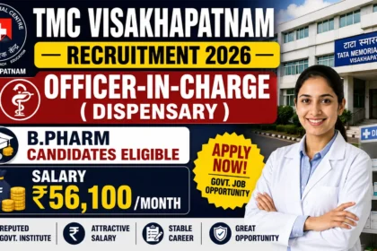 TMC Visakhapatnam Recruitment 2026 YouTube thumbnail featuring the Officer-in-Charge (Dispensary) post, B.Pharm eligibility, and salary of ₹56,100 per month.