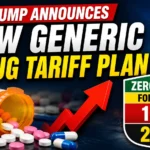 YouTube thumbnail illustrating the new U.S. generic drug tariff plan with a prescription medicine bottle, shipping containers, upward tariff arrow, and bold text highlighting zero tariffs for two years followed by 100% and 200% tariffs.
