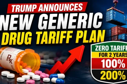 YouTube thumbnail illustrating the new U.S. generic drug tariff plan with a prescription medicine bottle, shipping containers, upward tariff arrow, and bold text highlighting zero tariffs for two years followed by 100% and 200% tariffs.