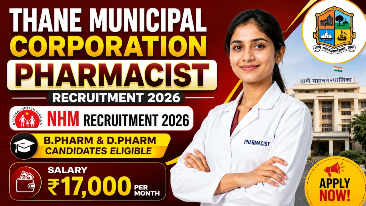 Thane Municipal Corporation Pharmacist Recruitment 2026 NHM thumbnail featuring B.Pharm & D.Pharm eligibility and ₹17,000 salary.