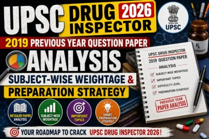 UPSC Drug Inspector 2026 YouTube thumbnail showing 2019 Previous Year Question Paper Analysis, Subject-wise Weightage, Preparation Strategy, UPSC logo, pharmacy books, medicine bottle, and study notebook.