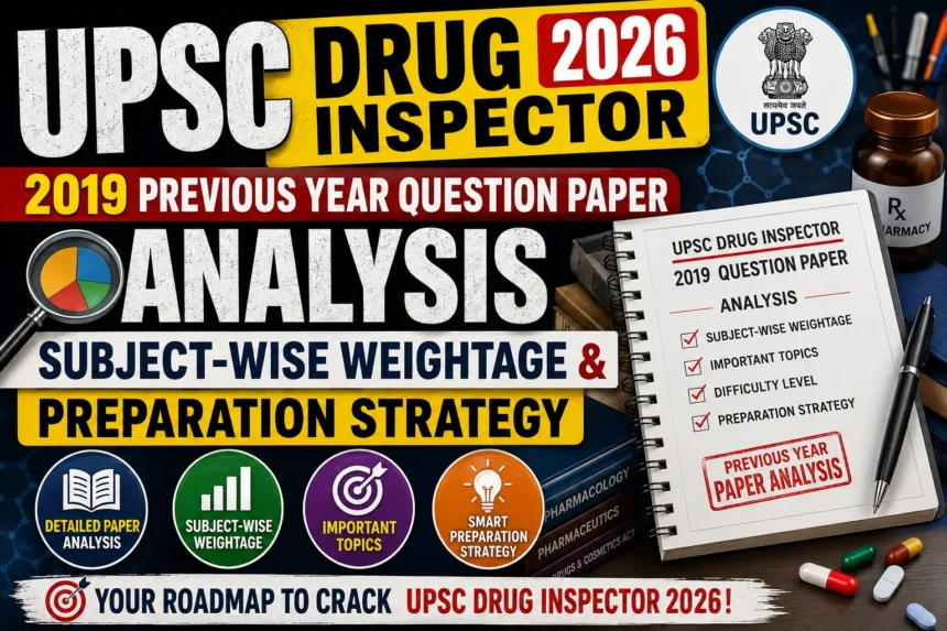 UPSC Drug Inspector 2026 YouTube thumbnail showing 2019 Previous Year Question Paper Analysis, Subject-wise Weightage, Preparation Strategy, UPSC logo, pharmacy books, medicine bottle, and study notebook.