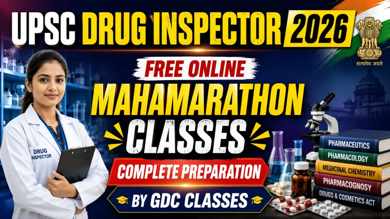 UPSC Drug Inspector 2026 Free Online Mahamarathon Classes YouTube thumbnail featuring a Drug Inspector, pharmacy books, microscope, laboratory equipment, and GDC Classes branding.