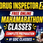 UPSC Drug Inspector 2026 Free Online Mahamarathon Classes YouTube thumbnail featuring a Drug Inspector, pharmacy books, microscope, laboratory equipment, and GDC Classes branding.