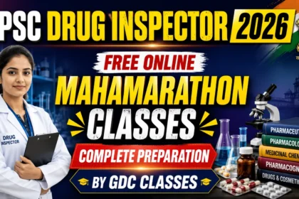 UPSC Drug Inspector 2026 Free Online Mahamarathon Classes YouTube thumbnail featuring a Drug Inspector, pharmacy books, microscope, laboratory equipment, and GDC Classes branding.