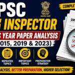 UPSC Drug Inspector Previous Year Paper Analysis 2011, 2015, 2019 & 2023 thumbnail featuring subject-wise weightage, repeated topics, preparation strategy, and exam analysis with question paper and magnifying glass.
