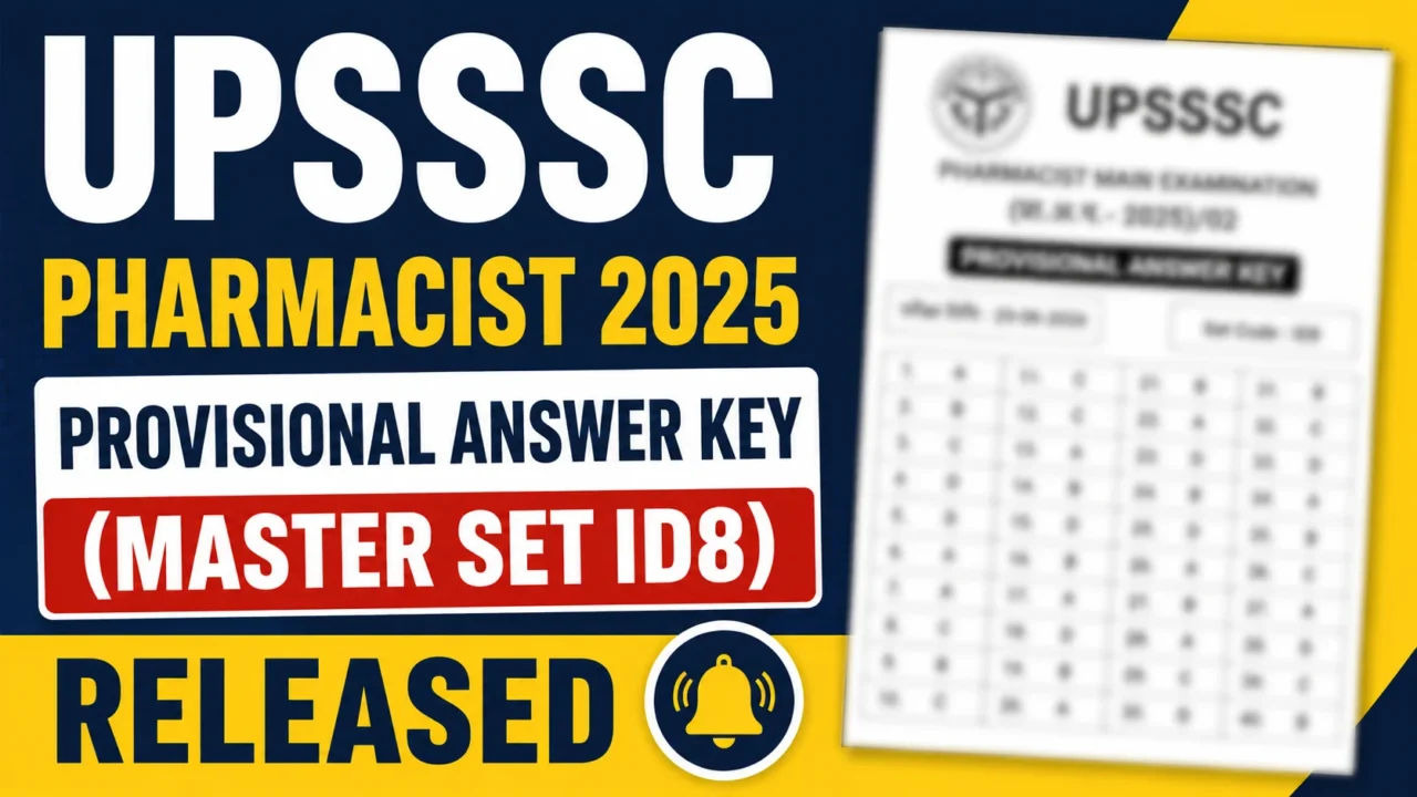 UPSSSC Pharmacist 2025 Provisional Answer Key (Master Set ID8) Released thumbnail with blurred answer key document and bold announcement text.