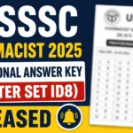 UPSSSC Pharmacist 2025 Provisional Answer Key (Master Set ID8) Released thumbnail with blurred answer key document and bold announcement text.
