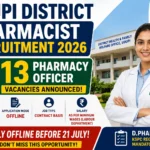 Udupi District Pharmacist Recruitment 2026 poster showing 13 Pharmacy Officer vacancies, offline application mode, last date 21 July 2026, Karnataka Government.