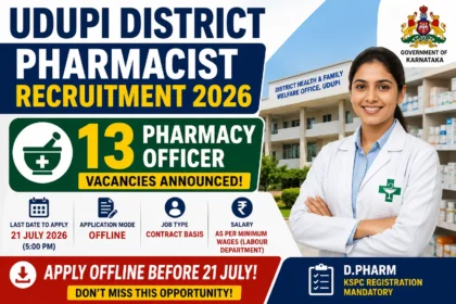 Udupi District Pharmacist Recruitment 2026 poster showing 13 Pharmacy Officer vacancies, offline application mode, last date 21 July 2026, Karnataka Government.