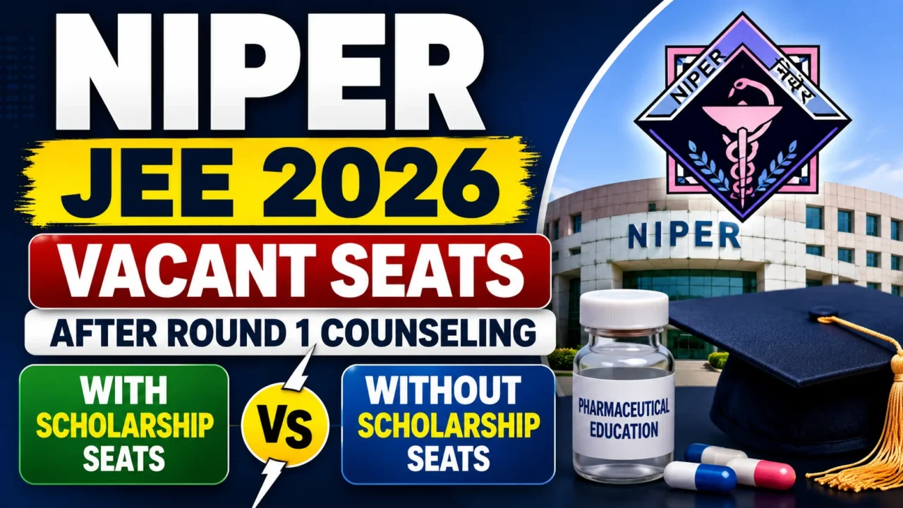 NIPER JEE 2026 vacant seats after Round 1 counselling thumbnail showing the NIPER campus, graduation cap, pharmaceutical elements, and comparison of scholarship versus non-scholarship vacant seats.