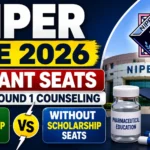 NIPER JEE 2026 vacant seats after Round 1 counselling thumbnail showing the NIPER campus, graduation cap, pharmaceutical elements, and comparison of scholarship versus non-scholarship vacant seats.