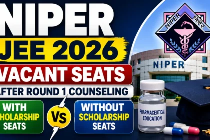 NIPER JEE 2026 vacant seats after Round 1 counselling thumbnail showing the NIPER campus, graduation cap, pharmaceutical elements, and comparison of scholarship versus non-scholarship vacant seats.