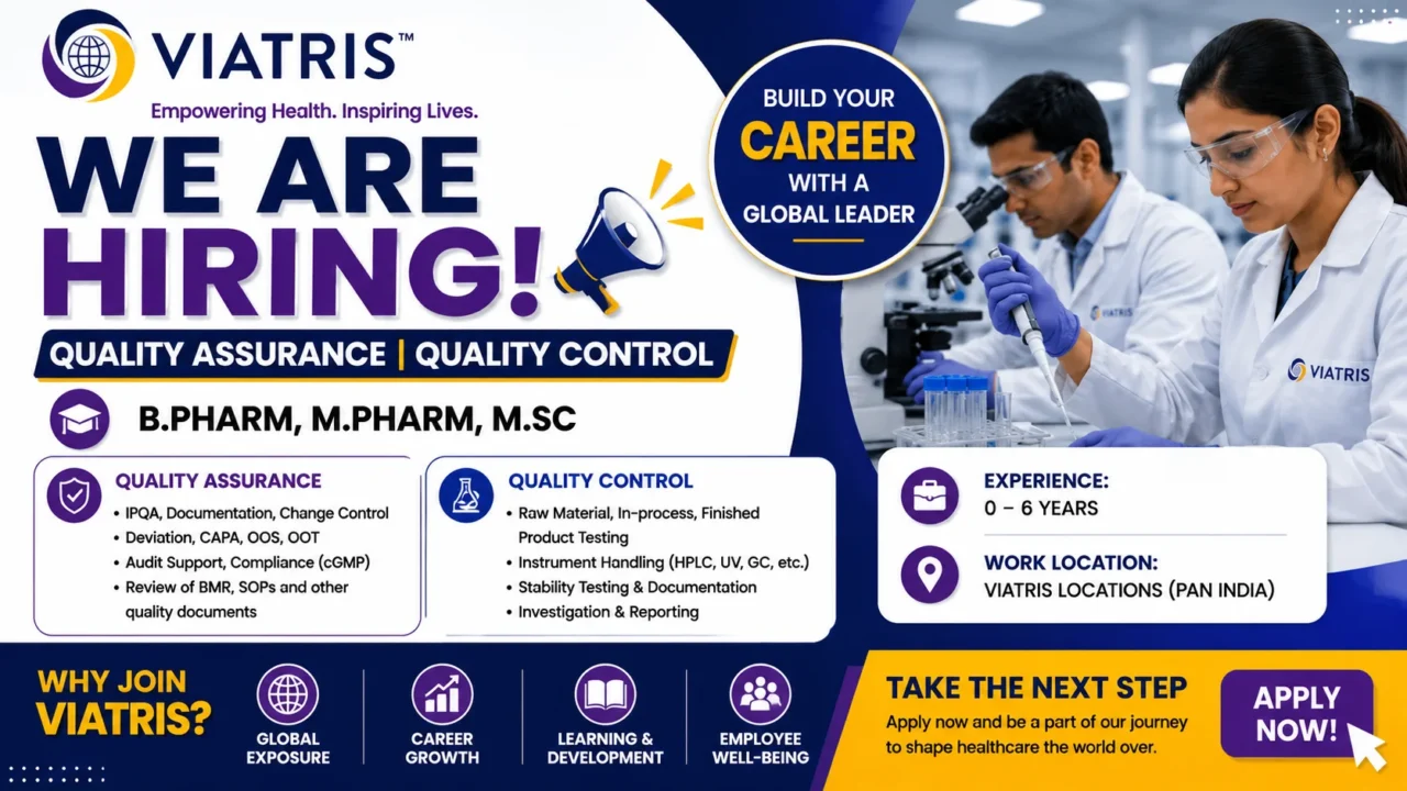 Viatris Hiring 2026 for Quality Assurance and Quality Control roles for B.Pharm, M.Pharm and M.Sc candidates