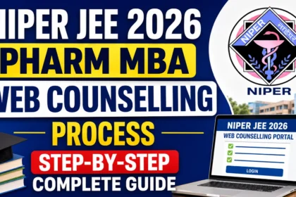 YouTube thumbnail for NIPER JEE 2026 Pharm MBA Web Counselling Process featuring the NIPER logo, modern campus building, laptop displaying the web counselling portal, graduation cap, books, and bold text highlighting the complete step-by-step counselling guide.
