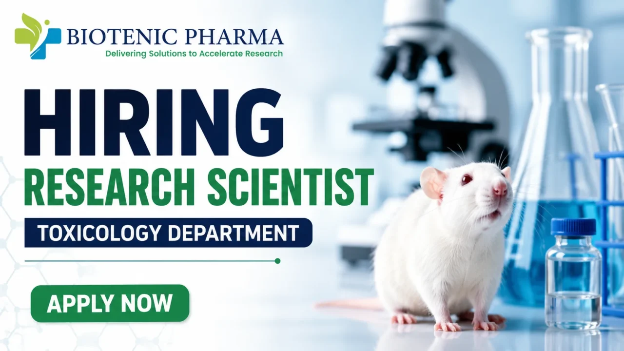 Biotenic Pharma hiring Research Scientist for the Toxicology Department with a laboratory background featuring a white laboratory mouse, microscope, laboratory glassware, and an Apply Now button.
