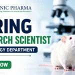 Biotenic Pharma hiring Research Scientist for the Toxicology Department with a laboratory background featuring a white laboratory mouse, microscope, laboratory glassware, and an Apply Now button.