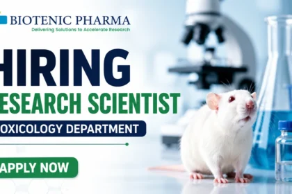Biotenic Pharma hiring Research Scientist for the Toxicology Department with a laboratory background featuring a white laboratory mouse, microscope, laboratory glassware, and an Apply Now button.