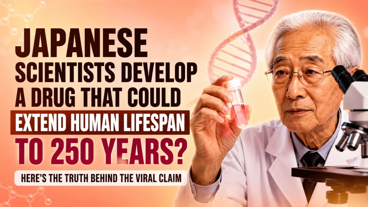 Thumbnail showing a Japanese scientist holding a test tube beside a microscope with a DNA strand in the background and the text "Japanese Scientists Develop a Drug That Could Extend Human Lifespan to 250 Years? Here's the Truth Behind the Viral Claim."