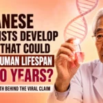 Thumbnail showing a Japanese scientist holding a test tube beside a microscope with a DNA strand in the background and the text "Japanese Scientists Develop a Drug That Could Extend Human Lifespan to 250 Years? Here's the Truth Behind the Viral Claim."