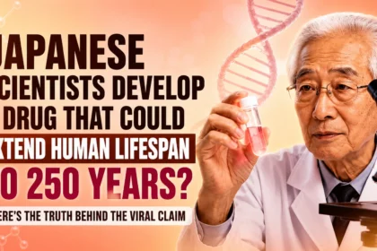 Thumbnail showing a Japanese scientist holding a test tube beside a microscope with a DNA strand in the background and the text "Japanese Scientists Develop a Drug That Could Extend Human Lifespan to 250 Years? Here's the Truth Behind the Viral Claim."