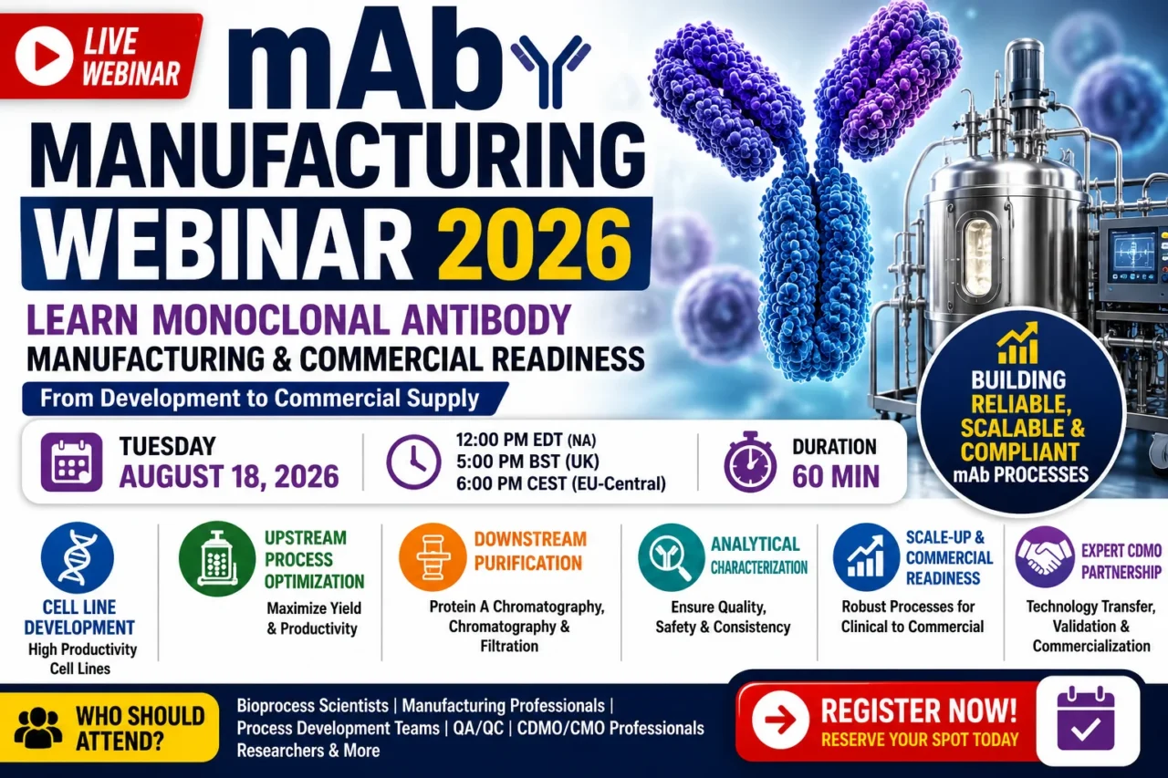 Thumbnail promoting the mAb Manufacturing Webinar 2026 featuring monoclonal antibody manufacturing, biologics production, commercial readiness, bioprocessing, and scalable manufacturing strategies.