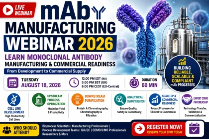 Thumbnail promoting the mAb Manufacturing Webinar 2026 featuring monoclonal antibody manufacturing, biologics production, commercial readiness, bioprocessing, and scalable manufacturing strategies.