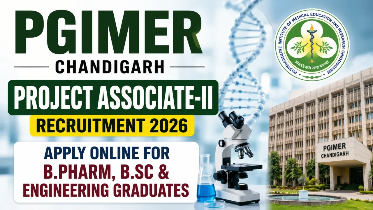 PGIMER Chandigarh Project Associate-II Recruitment 2026 thumbnail featuring the PGIMER building, DNA helix, microscope, laboratory glassware, and official PGIMER logo with text inviting B.Pharm, B.Sc, and Engineering graduates to apply online.