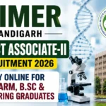 PGIMER Chandigarh Project Associate-II Recruitment 2026 thumbnail featuring the PGIMER building, DNA helix, microscope, laboratory glassware, and official PGIMER logo with text inviting B.Pharm, B.Sc, and Engineering graduates to apply online.