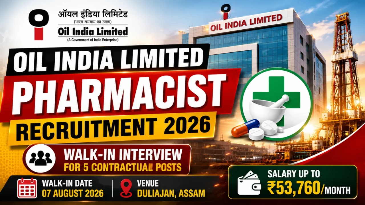 Oil India Limited Pharmacist Recruitment 2026 thumbnail featuring the Oil India logo, oil refinery background, pharmacy symbol, walk-in interview announcement for 5 contractual pharmacist posts, salary up to ₹53,760/month, and walk-in date 07 August 2026.