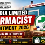 Oil India Limited Pharmacist Recruitment 2026 thumbnail featuring the Oil India logo, oil refinery background, pharmacy symbol, walk-in interview announcement for 5 contractual pharmacist posts, salary up to ₹53,760/month, and walk-in date 07 August 2026.