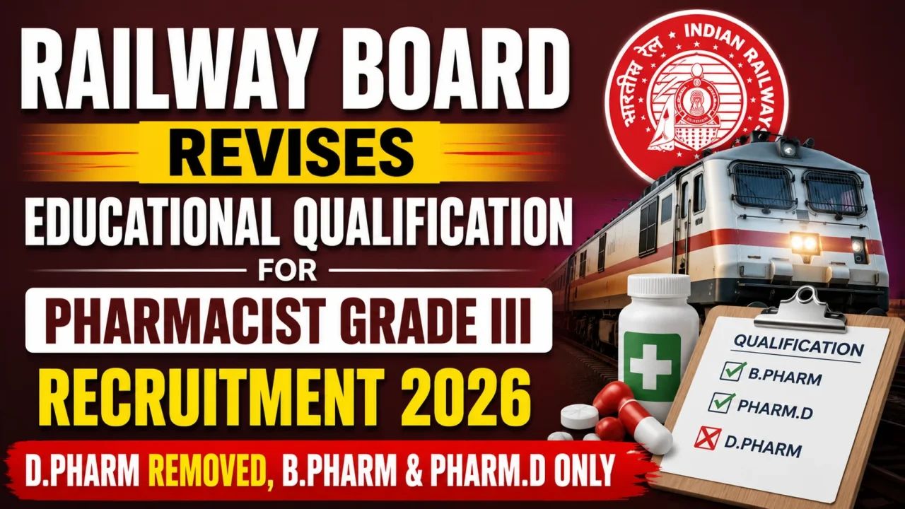 Railway Board revises educational qualification for Pharmacist Grade III Recruitment 2026. D.Pharm removed; only B.Pharm and Pharm.D candidates are eligible. Thumbnail features an Indian Railways train, Railway logo, medicine bottle, capsules, and qualification checklist.