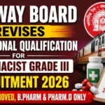 Railway Board revises educational qualification for Pharmacist Grade III Recruitment 2026. D.Pharm removed; only B.Pharm and Pharm.D candidates are eligible. Thumbnail features an Indian Railways train, Railway logo, medicine bottle, capsules, and qualification checklist.