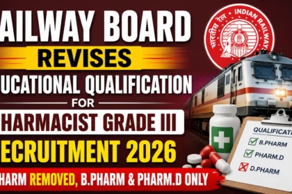 Railway Board revises educational qualification for Pharmacist Grade III Recruitment 2026. D.Pharm removed; only B.Pharm and Pharm.D candidates are eligible. Thumbnail features an Indian Railways train, Railway logo, medicine bottle, capsules, and qualification checklist.