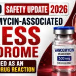 CDSCO Safety Update 2026 YouTube thumbnail highlighting Vancomycin-associated DRESS Syndrome being added as an adverse drug reaction, featuring a Vancomycin injection vial, skin rash, and immune cell illustration.